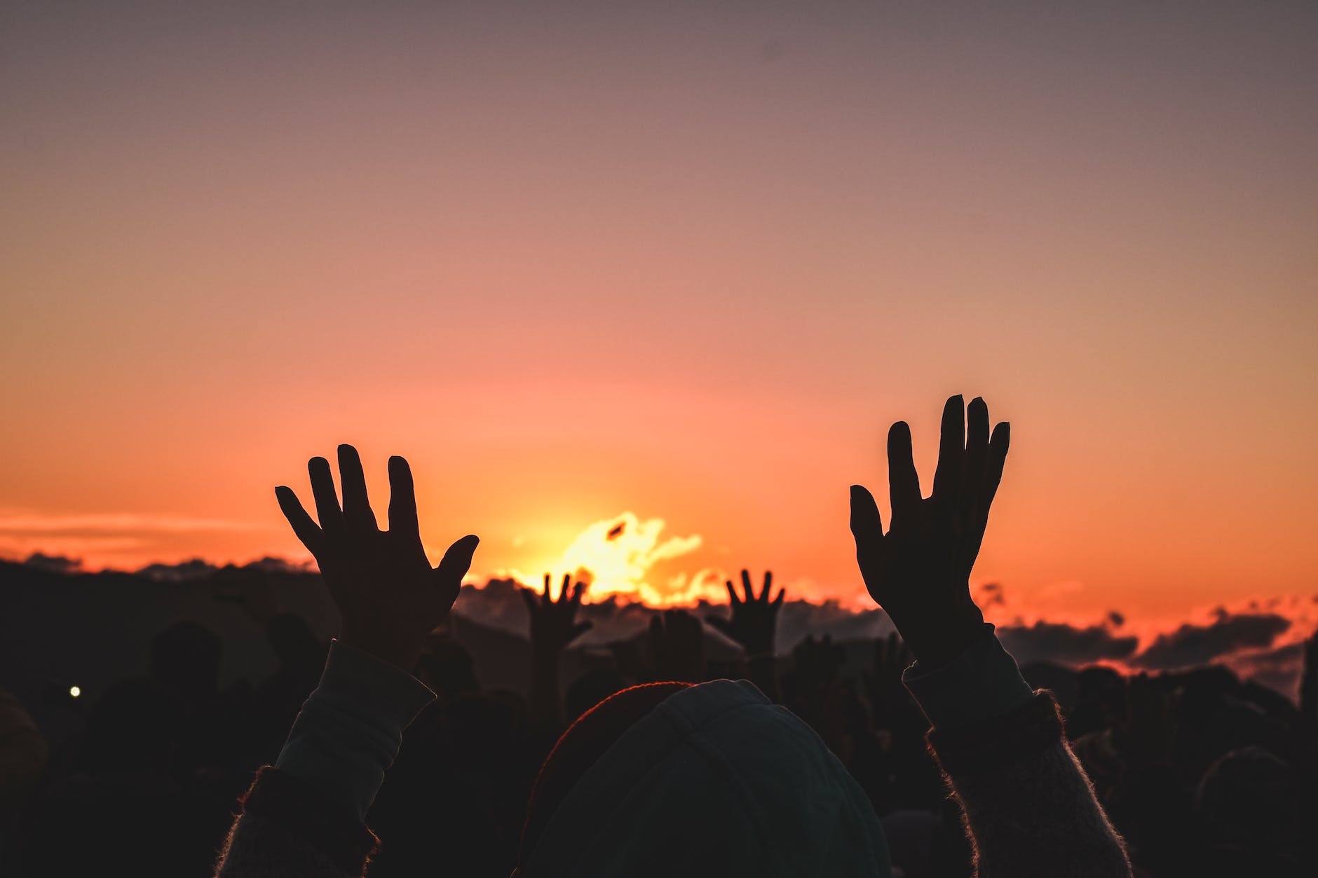 silhouette of people raising their hands during sunset